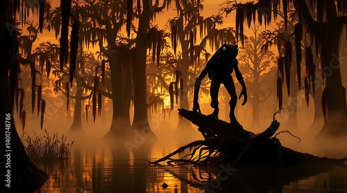 Humanoid frog with large eyes crouching on a log in swamp forest at sunset