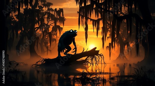 Humanoid frog with large eyes crouching on a log in swamp forest at sunset