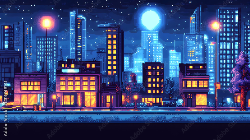 Vibrant Pixel Art Cityscape at Night with Moon and Stars Reflecting in Windows with Retro Aesthetic and Streetlights Vibrant Pixel Art Cityscape at Night with Moon and Stars Reflecting in Windows with Retro Aesthetic and Streetlights