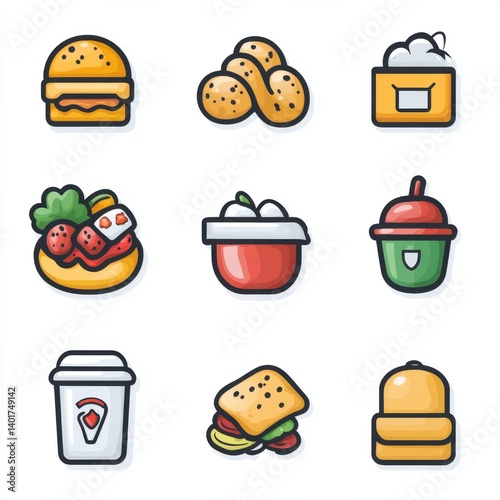 A collection of simple modern icons representing various food items and delivery services designed with a minimalist aesthetic