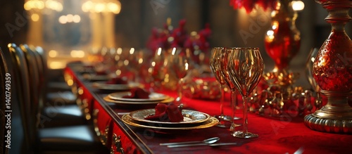 Red-table luxury dinner setting, palace background