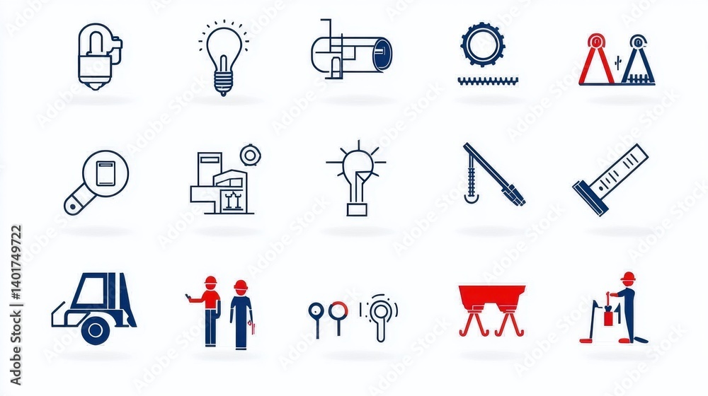 This image showcases a set of 15 minimalist line icons that symbolize various engineering manufacturing and technology related concepts such as industry