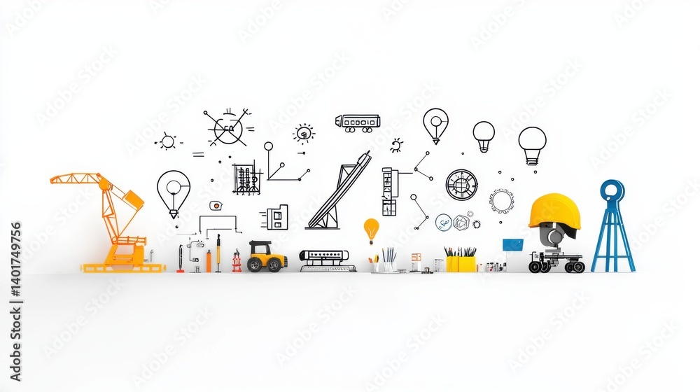 A collection of minimalist line icons depicting various construction tools equipment and elements of the building and engineering industry including design elements