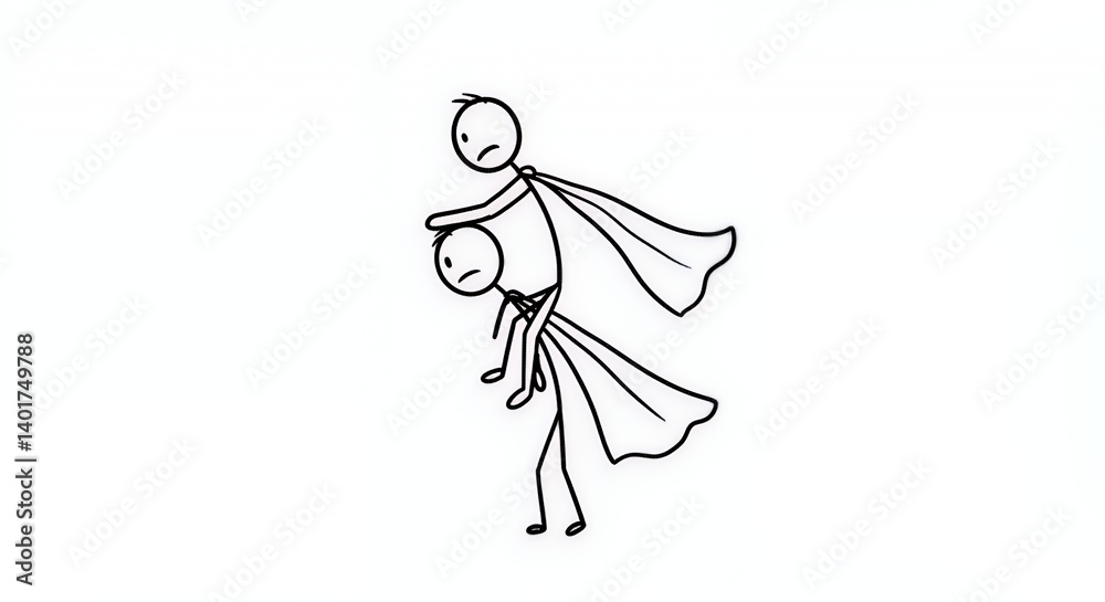 Obraz premium Two Stick Figures with Capes Piggyback Ride on White Background