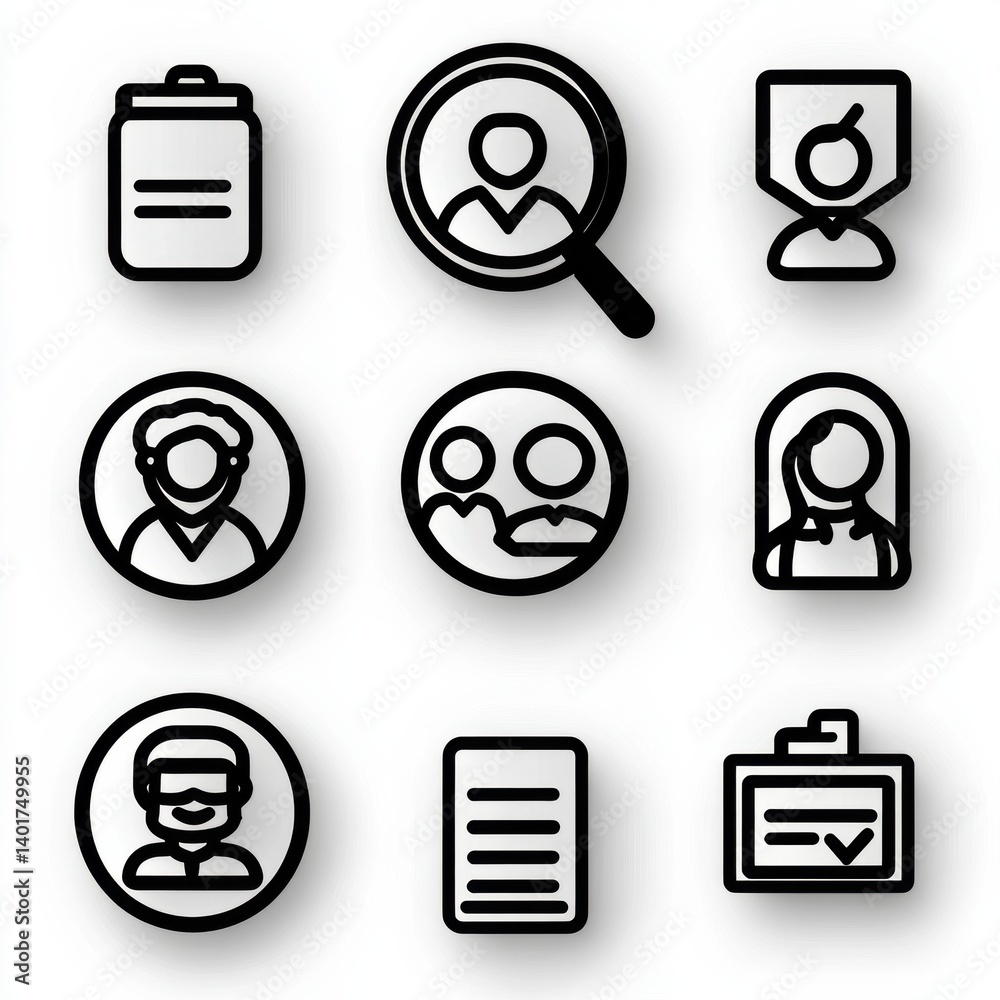 This image displays a set of 15 simple black and white outline icons symbolizing different digital technological and informational elements such as user profiles search functionality data management