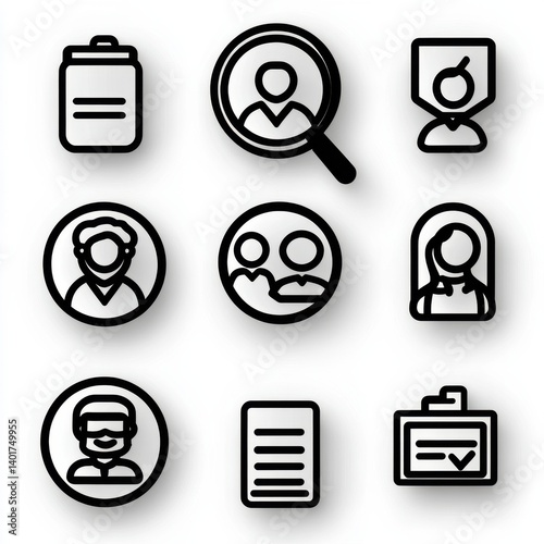 Obraz na płótnie This image displays a set of 15 simple black and white outline icons symbolizing different digital technological and informational elements such as user profiles search functionality data management w salonie