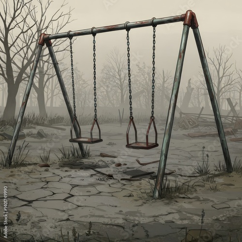 Rusty swing set with postapocalyptic landscape.