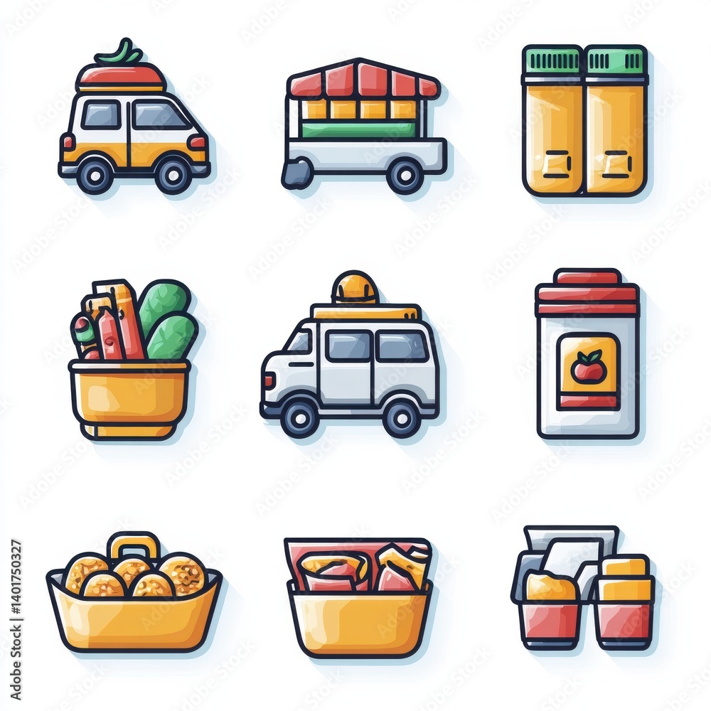 This image features a set of minimalist icons representing a range of items related to food transportation and travel including a van trailer luggage basket cooler canned goods