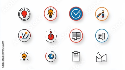 A comprehensive set of icons symbolizing various aspects of training professional development and continuous learning in the workplace or educational setting