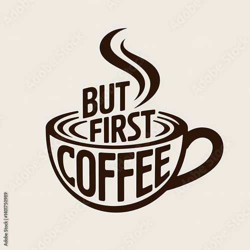 stylized illustration of a coffee cup with curved steam lines, containing the motivational text 
