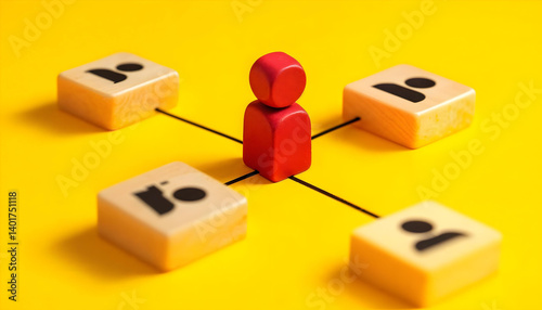red figure standing between black cubes on yellow background, minimalist conceptual composition, geometric shapes, simple design, abstract, 3d rendering

