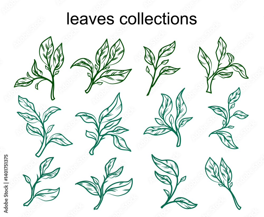 Fototapeta premium tea leaves vector. tea sprout with leaves. silhouette of tea leaves. tea Leaf silhouette Collection.