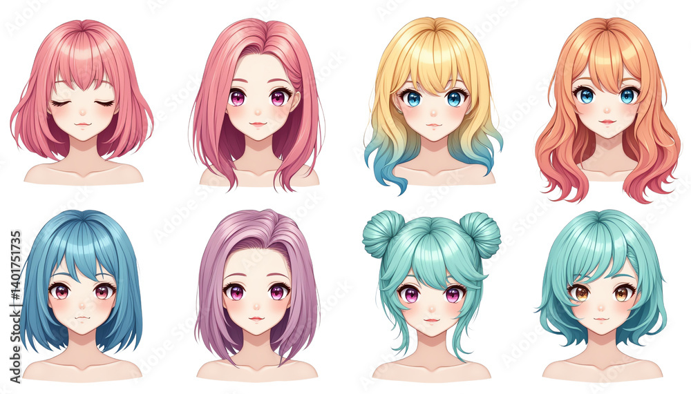 Colorful anime style character hair designs. Colorful anime style character hair designs.