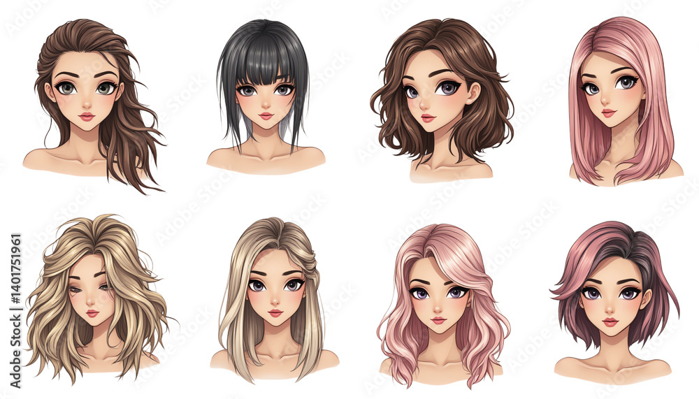 Diverse female characters with different hairstyles. Diverse female characters with different hairstyles.
