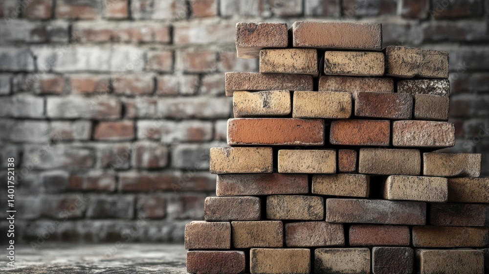 Obraz premium Stack of Old Bricks Against a Weathered Brick Wall Background