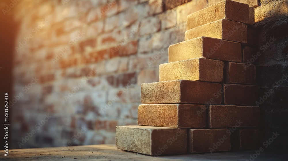 Obraz premium Golden Bricks Stacked Against a Brick Wall Building, Growth, and Success Concept