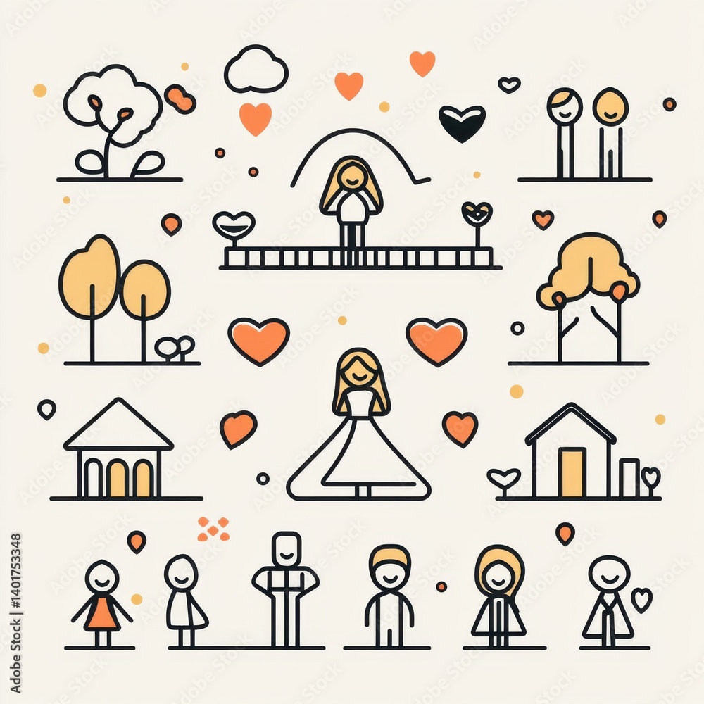 A minimalist contemporary collection of symbolic icons representing family love and wedding related elements in a clean abstract style