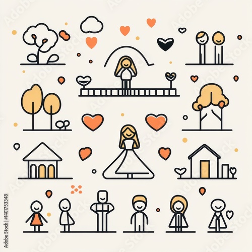 A minimalist contemporary collection of symbolic icons representing family love and wedding related elements in a clean abstract style