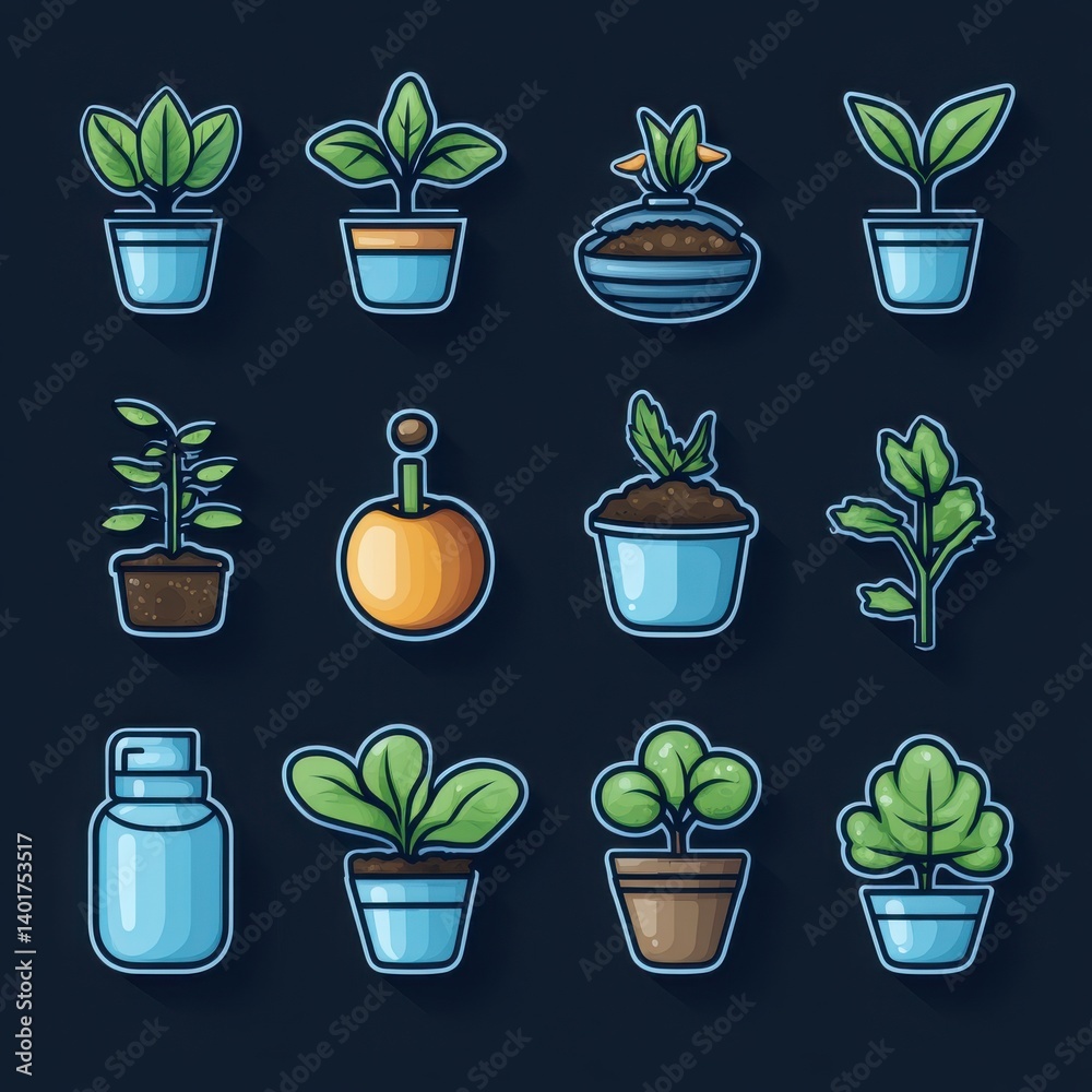 A modern set of minimalist outline icons featuring various potted plants herbs and gardening themed elements for a clean nature inspired aesthetic