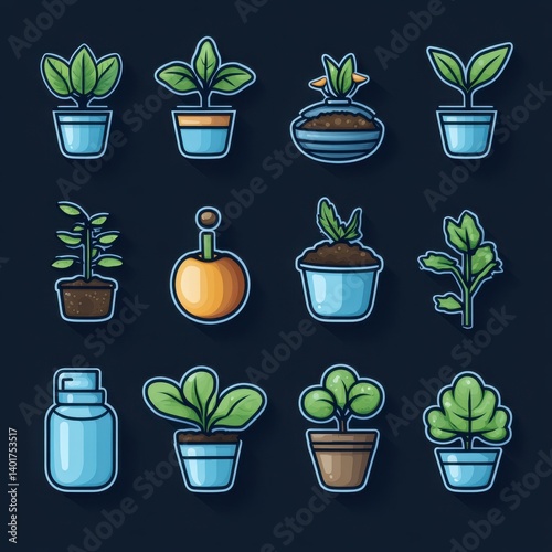 Obraz na płótnie A modern set of minimalist outline icons featuring various potted plants herbs and gardening themed elements for a clean nature inspired aesthetic w salonie