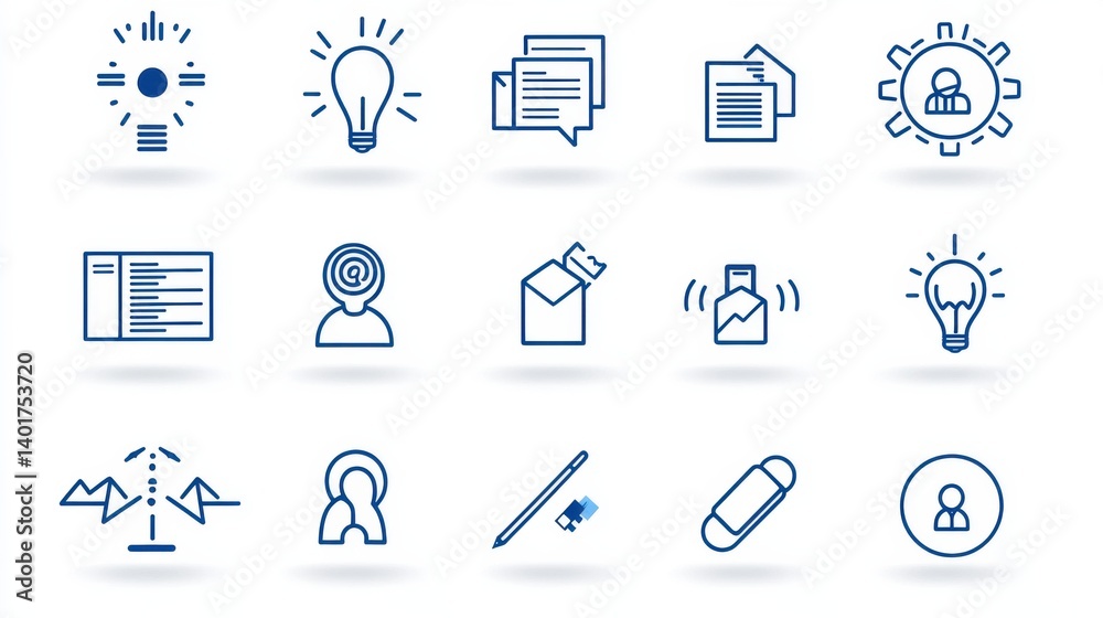 A collection of 15 minimalist outline icons representing various business and management concepts including ideas documents employees analysis and more
