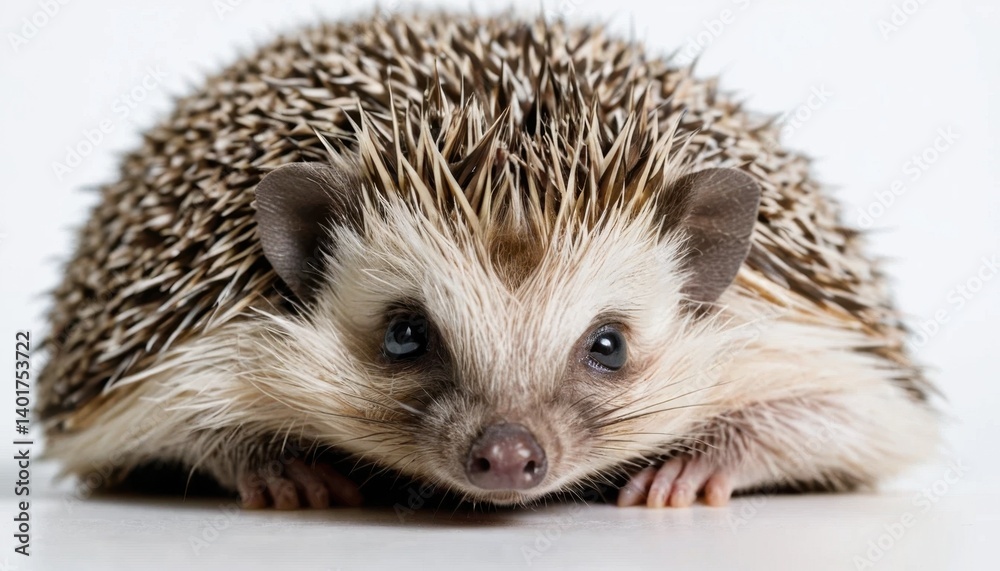 Cute, small, isolated hedgehog, a prickly brown mammal with a snout, on white Cute, small, isolated hedgehog, a prickly brown mammal with a snout, on white