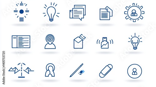Obraz na płótnie A collection of 15 minimalist outline icons representing various business and management concepts including ideas documents employees analysis and more w salonie