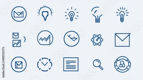 A collection of 15 minimalist outline icons representing various business and management concepts such as communication analysis planning technology and more