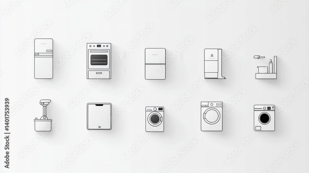 A set of modern minimalist icons representing various household appliances and utilities including refrigerators ovens dishwashers washers dryers coffee makers microwaves
