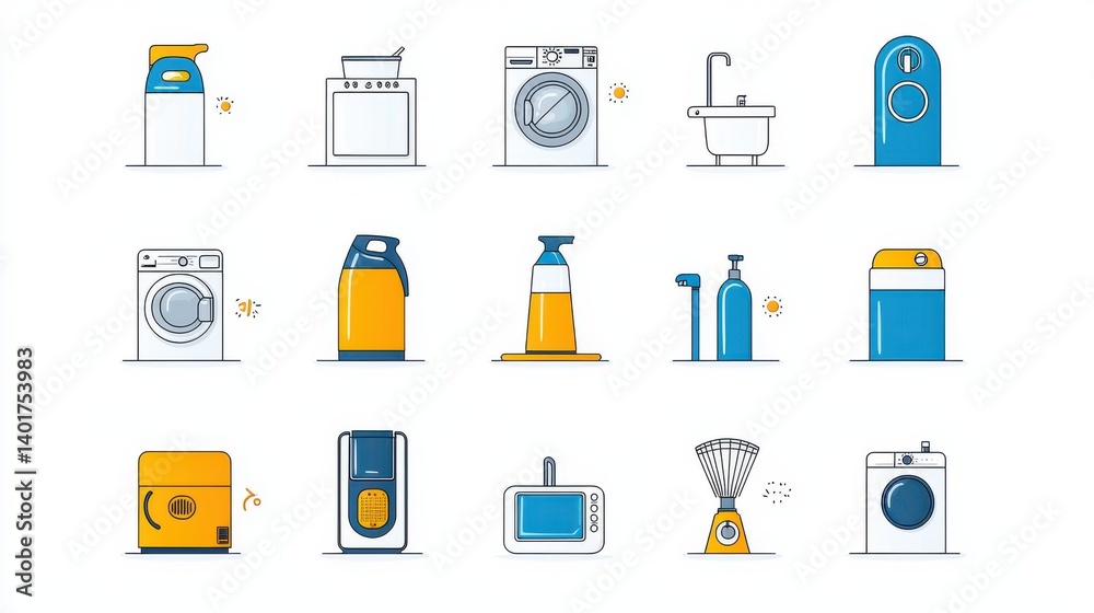 A set of 15 outline icons representing various common household appliances and cleaning tools including a washing cleaner and other everyday domestic devices