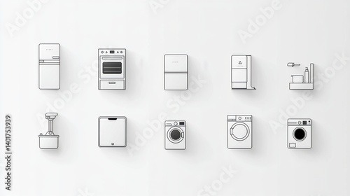 A set of modern minimalist icons representing various household appliances and utilities including refrigerators ovens dishwashers washers dryers coffee makers microwaves
