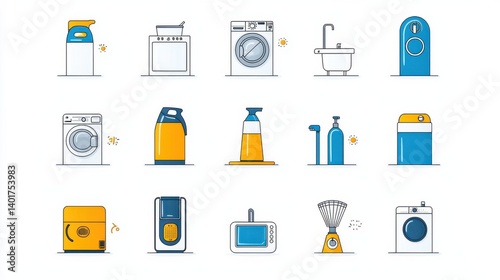 Obraz na płótnie A set of 15 outline icons representing various common household appliances and cleaning tools including a washing cleaner and other everyday domestic devices w salonie