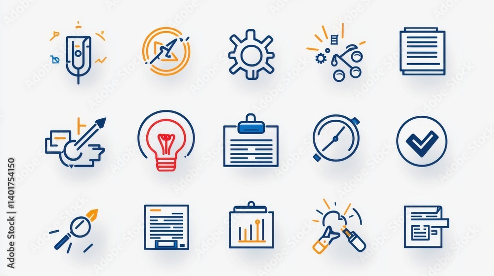 A collection of 15 outline icons showcasing various business and technology concepts including strategy analysis productivity and more
