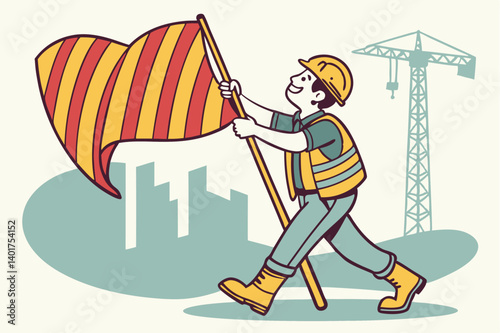 Vector worker with flag in city work.