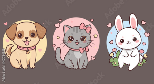 Cute Kawaii Pet Vector Pack Dog, Cat, Bunny.