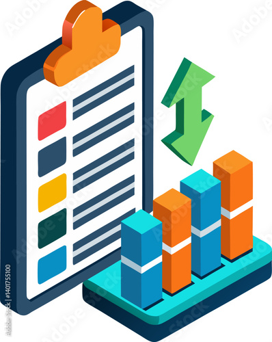 Clipboard with checklist and fluctuating bar chart, 3D vector illustration icon.