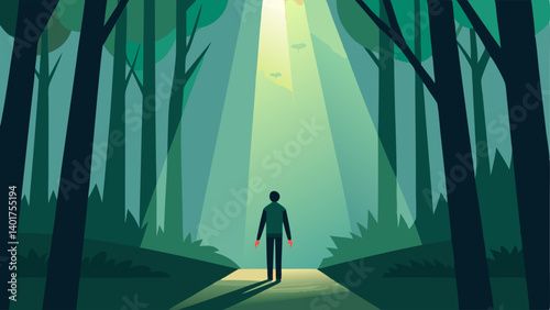 Connecting with Nature An illustration of someone walking through trees with sunlight filtering through the leaves. This symbolizes the healing power of nature during the grieving