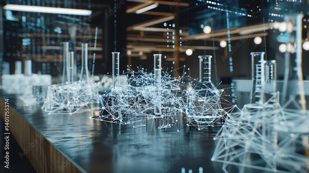 High tech chemistry workstation multiple flasks pipettes and digital molecular models floating in holographic projections High tech chemistry workstation multiple flasks pipettes and digital molecular models floating in holographic projections