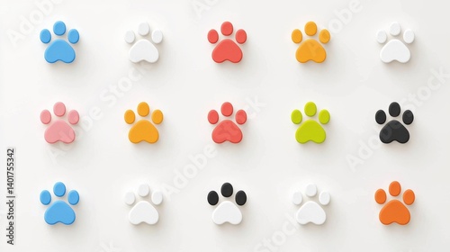 A professionally crafted set of 15 minimal and vibrant paw print icons in various colors arranged in a clean and organized layout