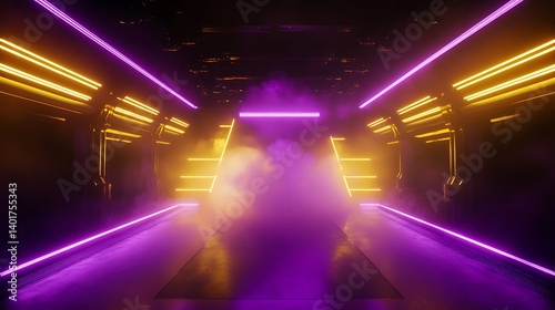 Futuristic runway with glowing neon lights and fog in purple and yellow hues, creating a vibrant and energetic atmosphere