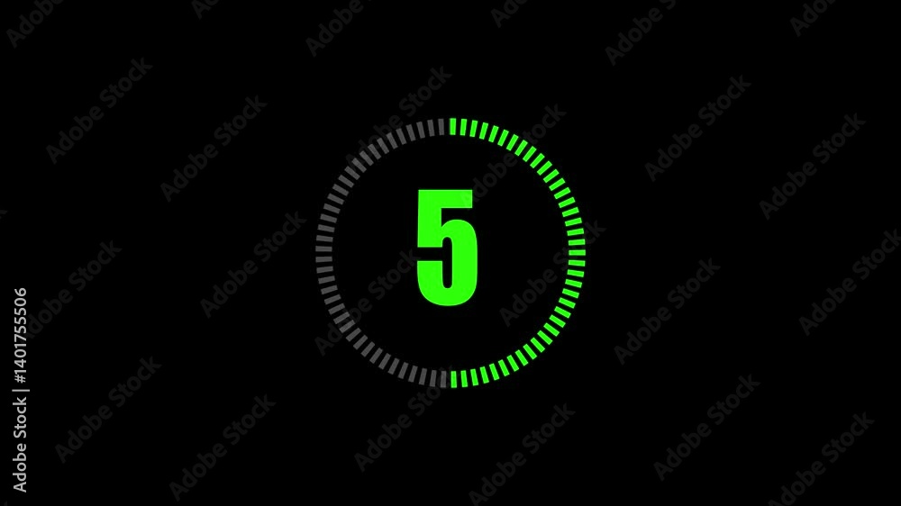 Random dial design illustration .Circle countdown timer one minute animation from 10 to 0 second animation . Modern flat design with animation .green color animation and black background .