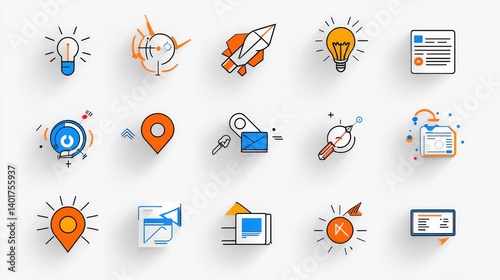 A collection of 15 minimalist and visually striking icons representing various aspects of digital advertising and technology driven marketing