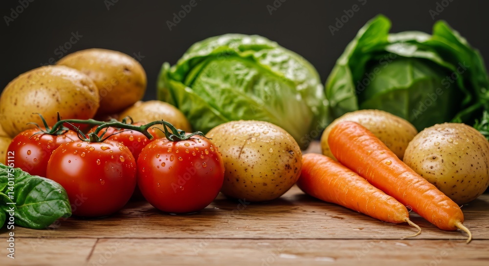 Fresh vegetables assortment including tomatoes, potatoes, carrots, and cabbage displayed on a rustic wooden surface in a natural setting for healthy eating Fresh vegetables assortment including tomatoes, potatoes, carrots, and cabbage displayed on a rustic wooden surface in a natural setting for healthy eating