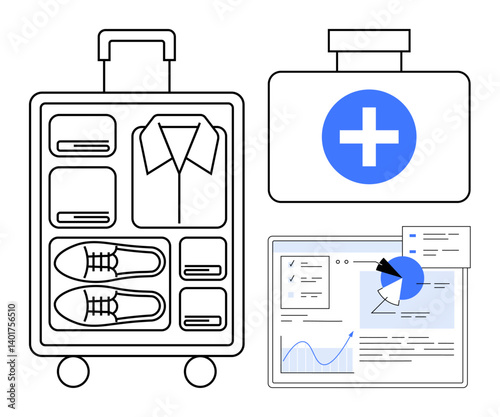 Packed suitcase with clothes and shoes, first aid kit with cross symbol, and data analytics screen. Ideal for travel, organization, safety, healthcare, planning, data analysis simple landing page