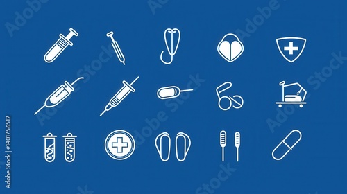 A collection of 15 simple minimalist outline icons depicting various medical and healthcare related objects equipment and services commonly found in a hospital or clinic setting