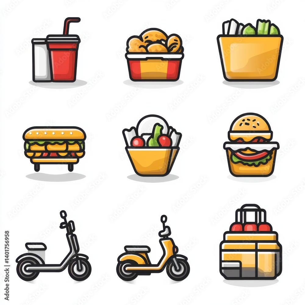 This image contains a set of 15 thin outline icons depicting different food and drink items including beverages fast food snacks and meal components commonly found in restaurants cafes