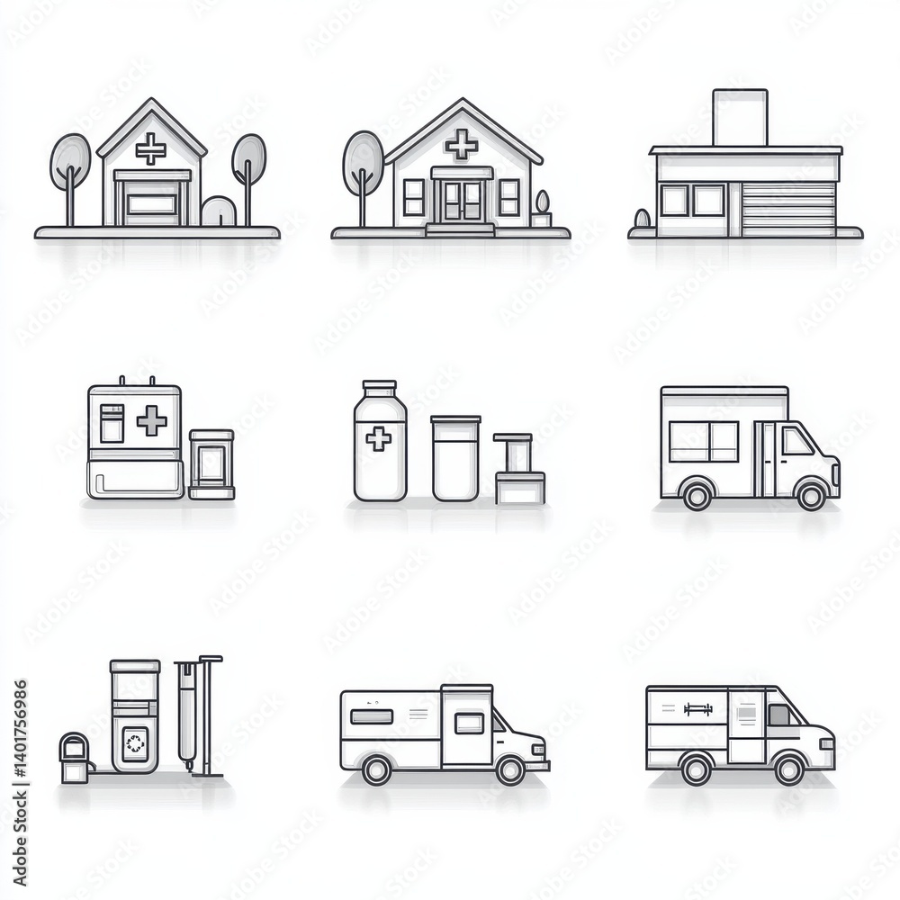 A collection of fifteen thin outline icons representing various elements of the healthcare industry including equipment and emergency services