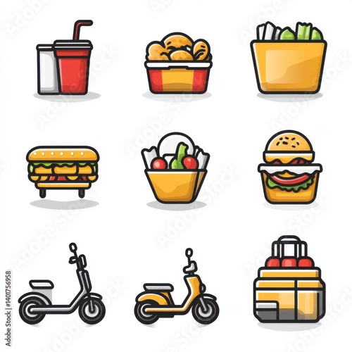 Obraz na płótnie This image contains a set of 15 thin outline icons depicting different food and drink items including beverages fast food snacks and meal components commonly found in restaurants cafes w salonie