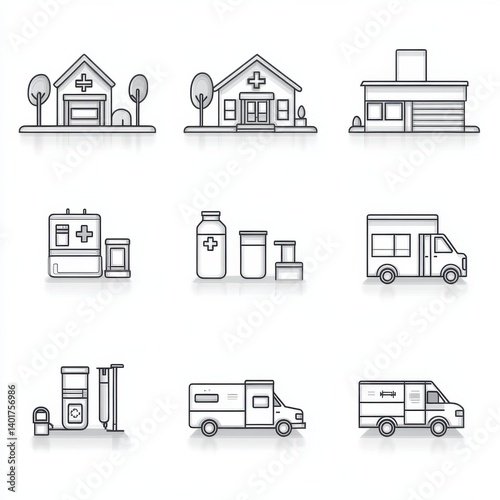 Obraz na płótnie A collection of fifteen thin outline icons representing various elements of the healthcare industry including equipment and emergency services w salonie