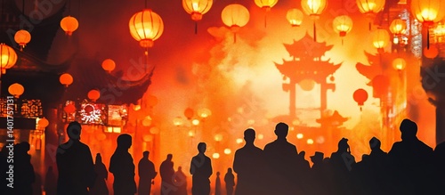 Asian festival night silhouettes, lanterns, architecture, celebration